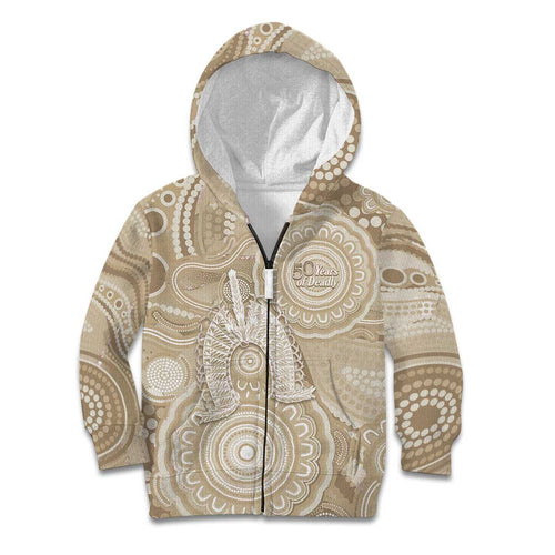 50 Years Deadly NAIDOC Week 2026 Personalised Kid Hoodie Dhari Beige Indigenous Art