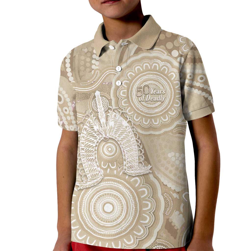 50 Years Deadly NAIDOC Week 2026 Personalised Kid Polo Shirt Dhari Beige Indigenous Art