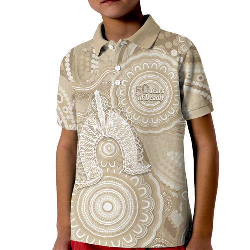 50 Years Deadly NAIDOC Week 2026 Personalised Kid Polo Shirt Dhari Beige Indigenous Art