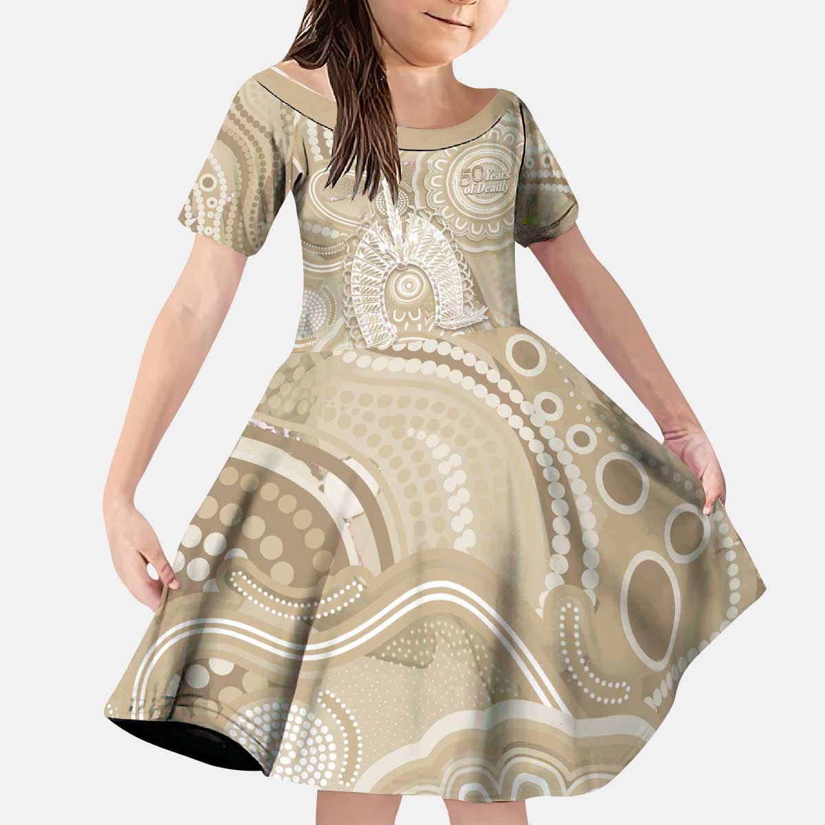 50 Years Deadly NAIDOC Week 2026 Personalised Kid Short Sleeve Dress Dhari Beige Indigenous Art