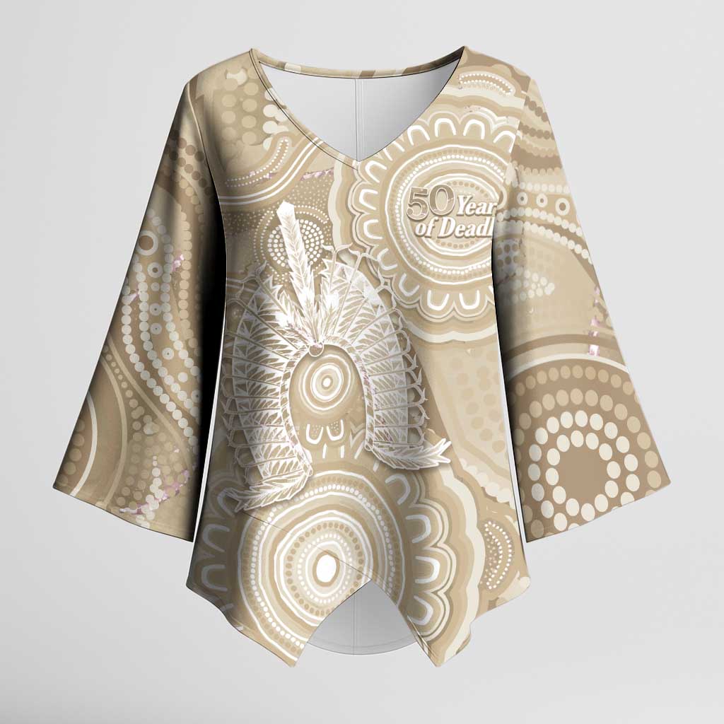 50 Years Deadly NAIDOC Week 2026 Personalised Kimono Sleeve Blouse Dhari Beige Indigenous Art