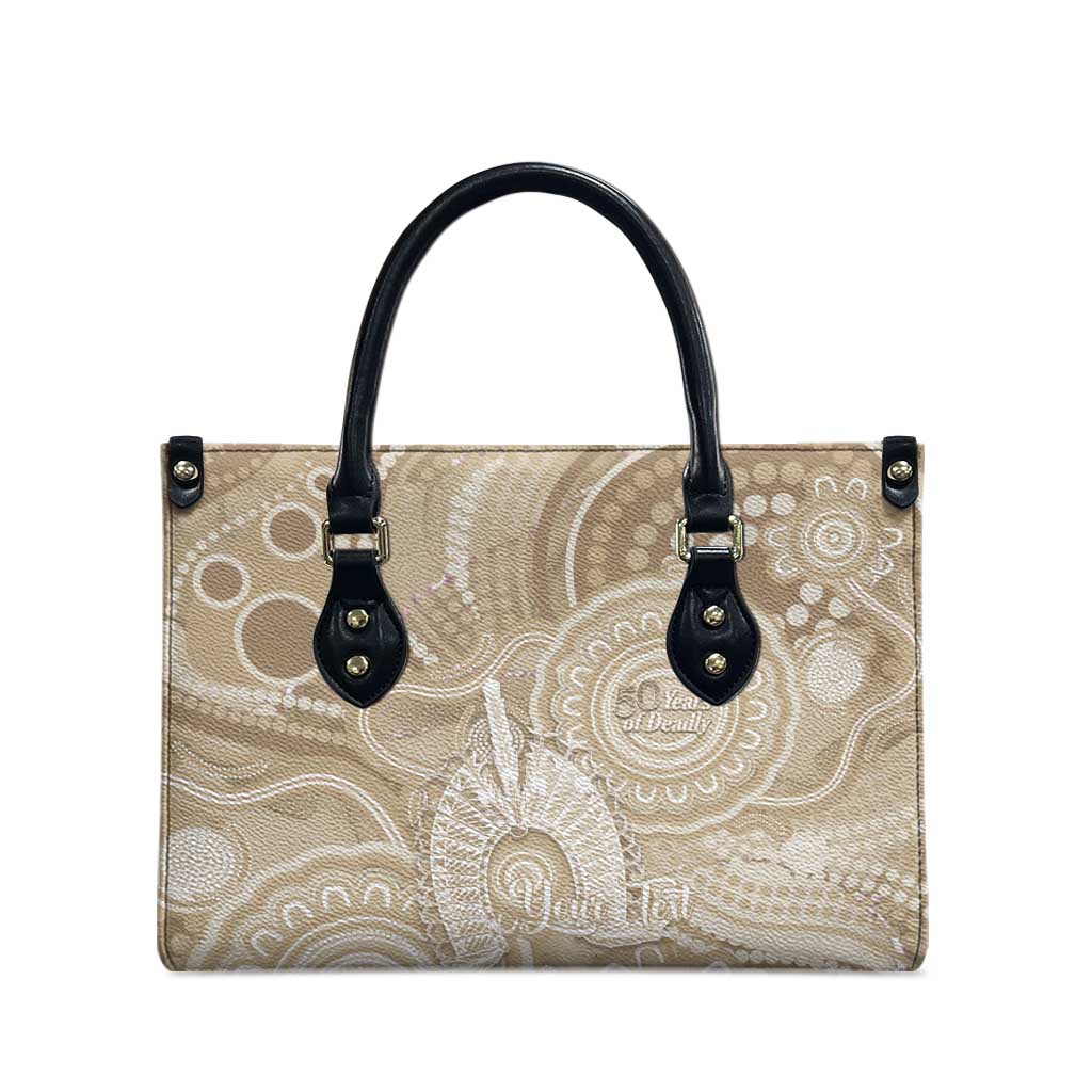 50 Years Deadly NAIDOC Week 2026 Personalised Leather Bag Dhari Beige Indigenous Art