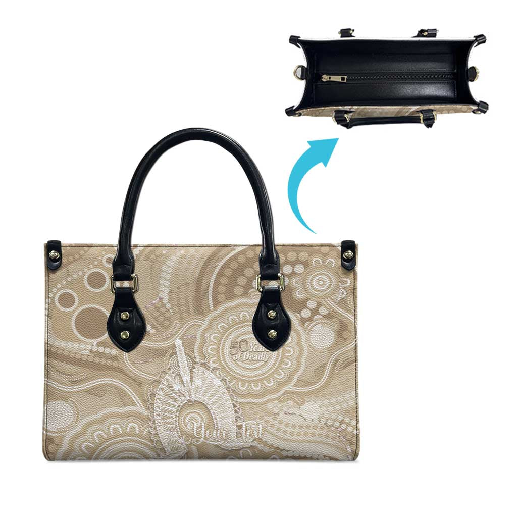 50 Years Deadly NAIDOC Week 2026 Personalised Leather Bag Dhari Beige Indigenous Art
