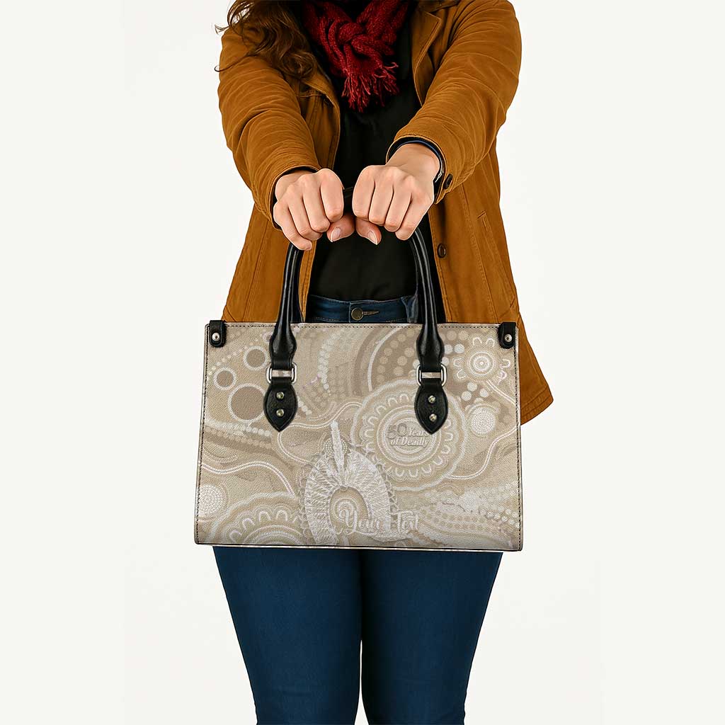 50 Years Deadly NAIDOC Week 2026 Personalised Leather Bag Dhari Beige Indigenous Art
