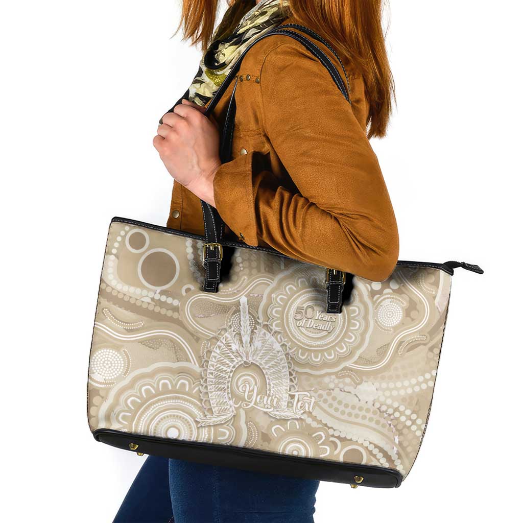 50 Years Deadly NAIDOC Week 2026 Personalised Leather Tote Bag Dhari Beige Indigenous Art