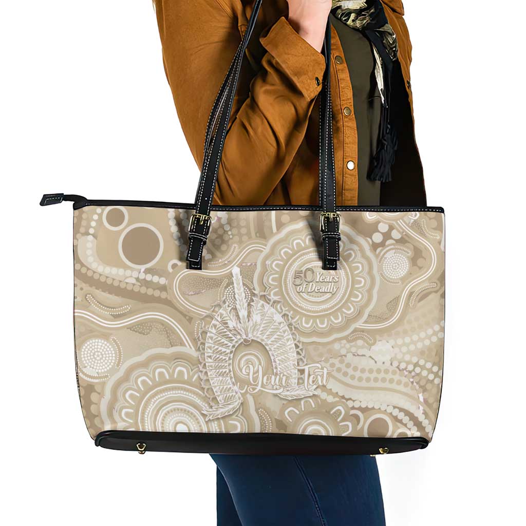 50 Years Deadly NAIDOC Week 2026 Personalised Leather Tote Bag Dhari Beige Indigenous Art