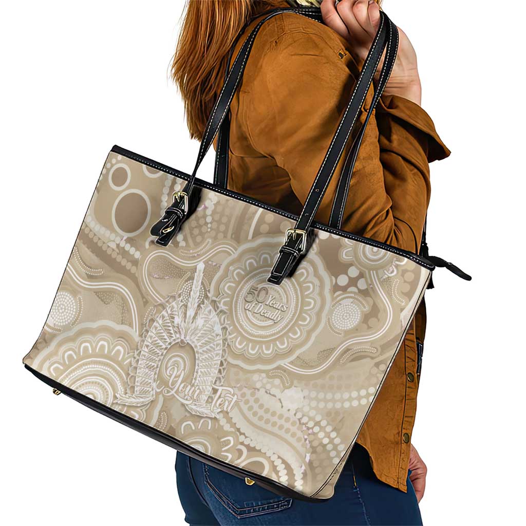 50 Years Deadly NAIDOC Week 2026 Personalised Leather Tote Bag Dhari Beige Indigenous Art