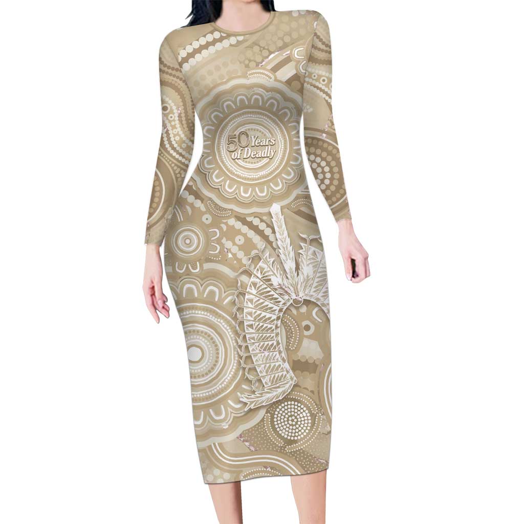 50 Years Deadly NAIDOC Week 2026 Personalised Long Sleeve Bodycon Dress Dhari Beige Indigenous Art