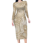 50 Years Deadly NAIDOC Week 2026 Personalised Long Sleeve Bodycon Dress Dhari Beige Indigenous Art