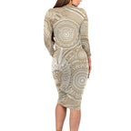 50 Years Deadly NAIDOC Week 2026 Personalised Long Sleeve Bodycon Dress Dhari Beige Indigenous Art