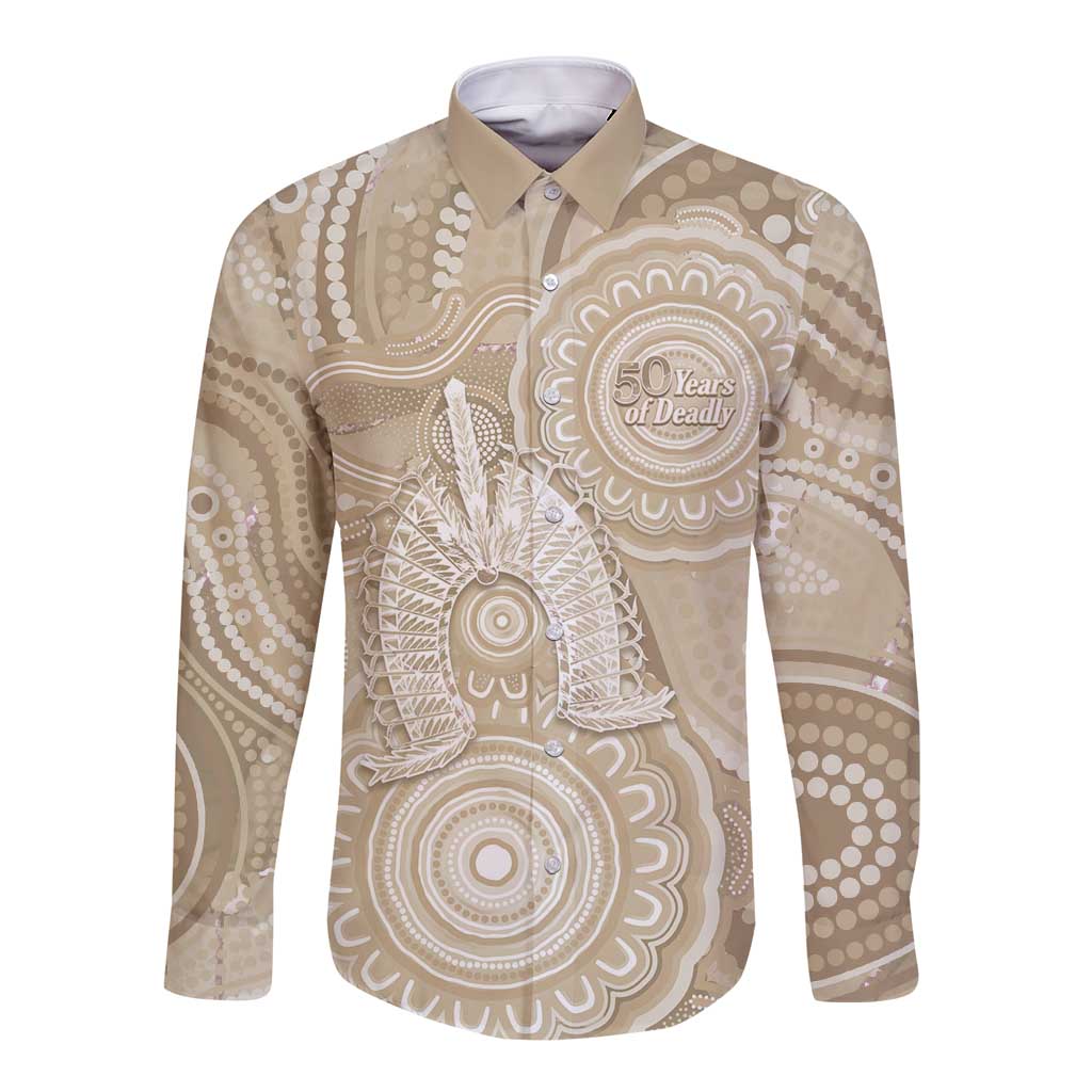 50 Years Deadly NAIDOC Week 2026 Personalised Long Sleeve Button Shirt Dhari Beige Indigenous Art