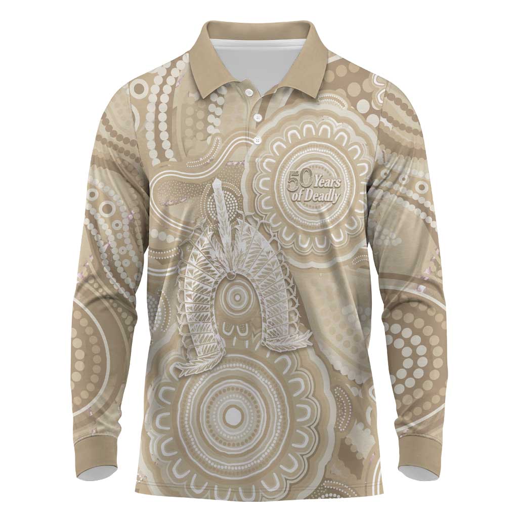 50 Years Deadly NAIDOC Week 2026 Personalised Long Sleeve Polo Shirt Dhari Beige Indigenous Art