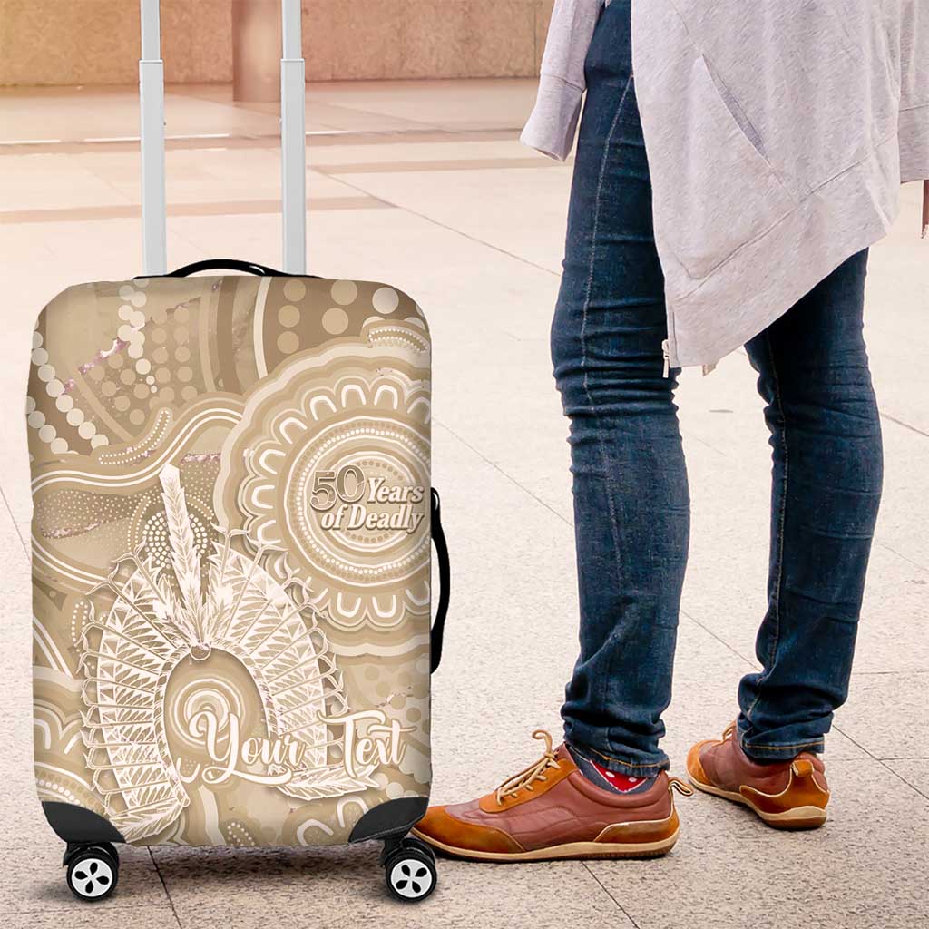 50 Years Deadly NAIDOC Week 2026 Personalised Luggage Cover Dhari Beige Indigenous Art