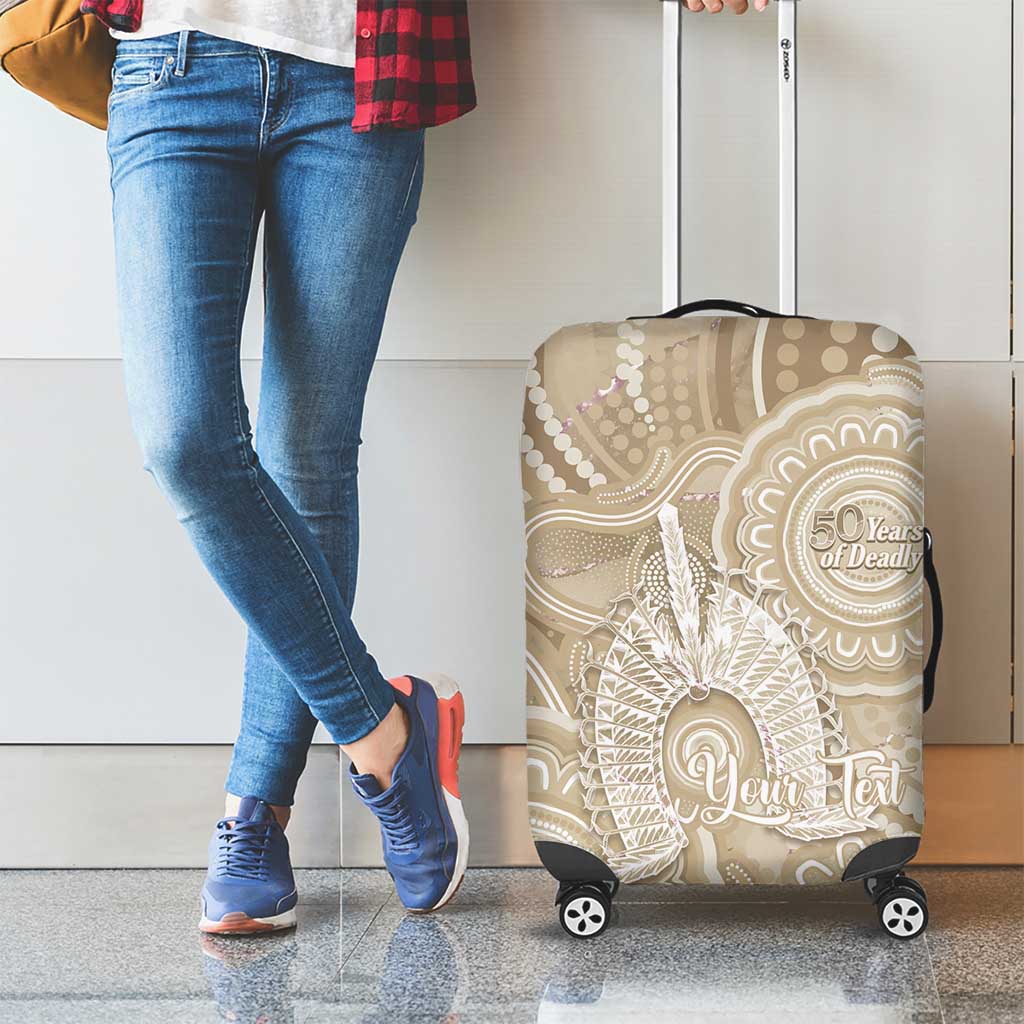50 Years Deadly NAIDOC Week 2026 Personalised Luggage Cover Dhari Beige Indigenous Art