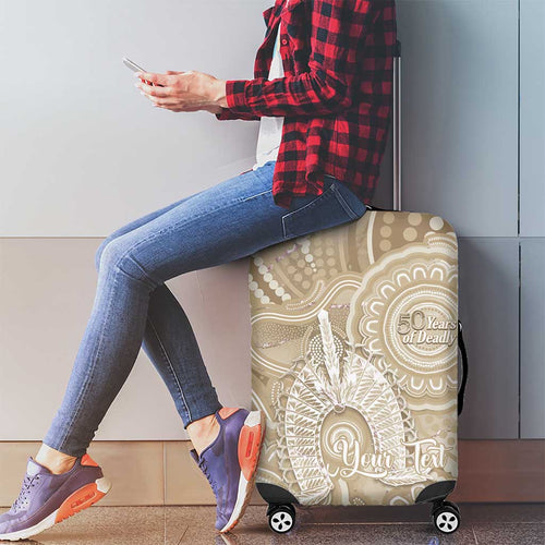 50 Years Deadly NAIDOC Week 2026 Personalised Luggage Cover Dhari Beige Indigenous Art