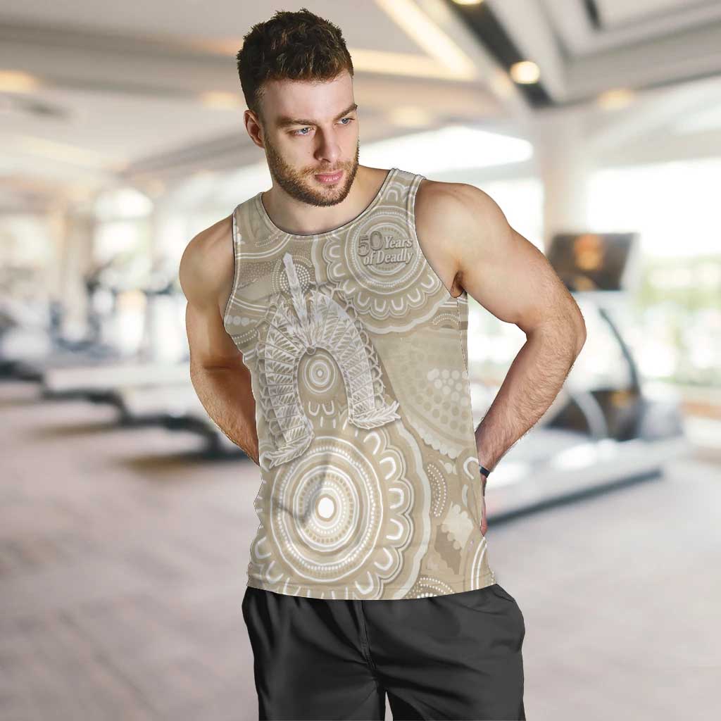 50 Years Deadly NAIDOC Week 2026 Personalised Men Tank Top Dhari Beige Indigenous Art