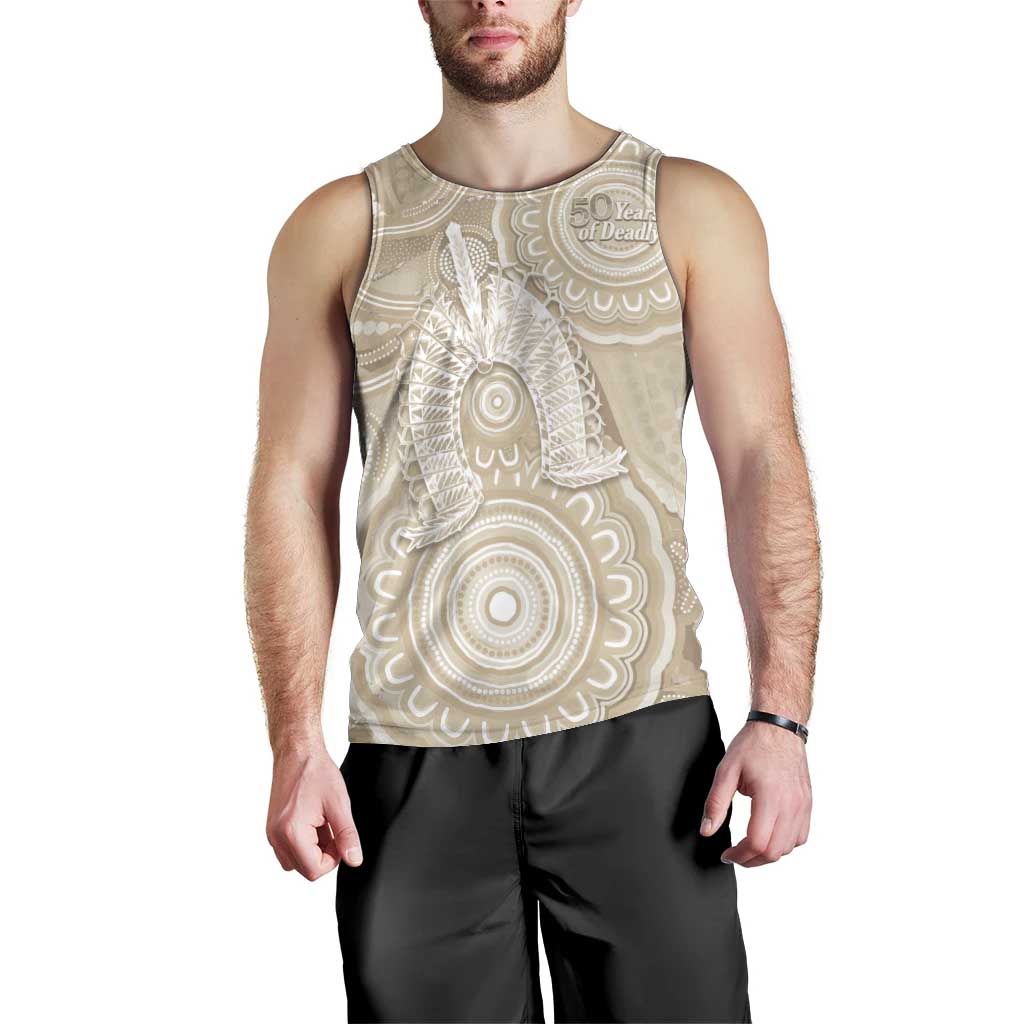 50 Years Deadly NAIDOC Week 2026 Personalised Men Tank Top Dhari Beige Indigenous Art