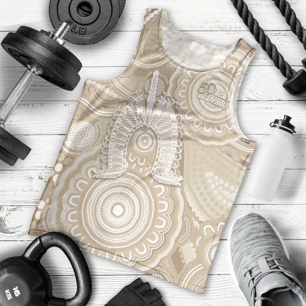 50 Years Deadly NAIDOC Week 2026 Personalised Men Tank Top Dhari Beige Indigenous Art
