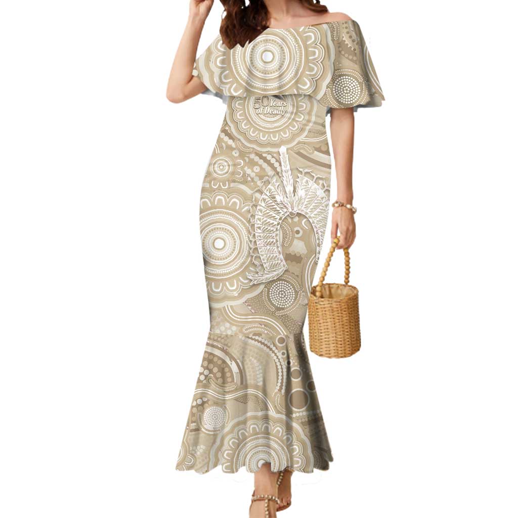 50 Years Deadly NAIDOC Week 2026 Personalised Mermaid Dress Dhari Beige Indigenous Art