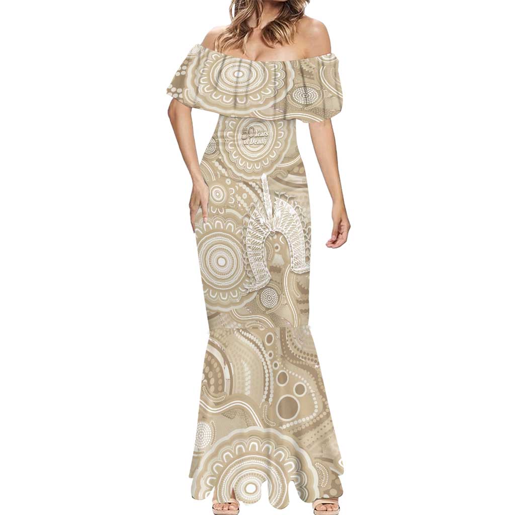 50 Years Deadly NAIDOC Week 2026 Personalised Mermaid Dress Dhari Beige Indigenous Art