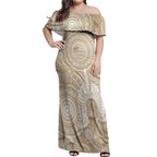 50 Years Deadly NAIDOC Week 2026 Personalised Off Shoulder Maxi Dress Dhari Beige Indigenous Art