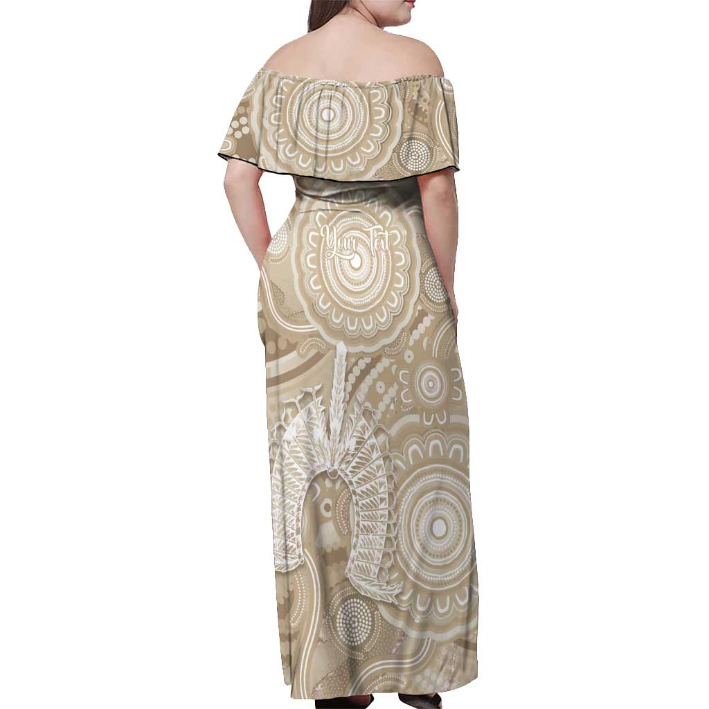 50 Years Deadly NAIDOC Week 2026 Personalised Off Shoulder Maxi Dress Dhari Beige Indigenous Art