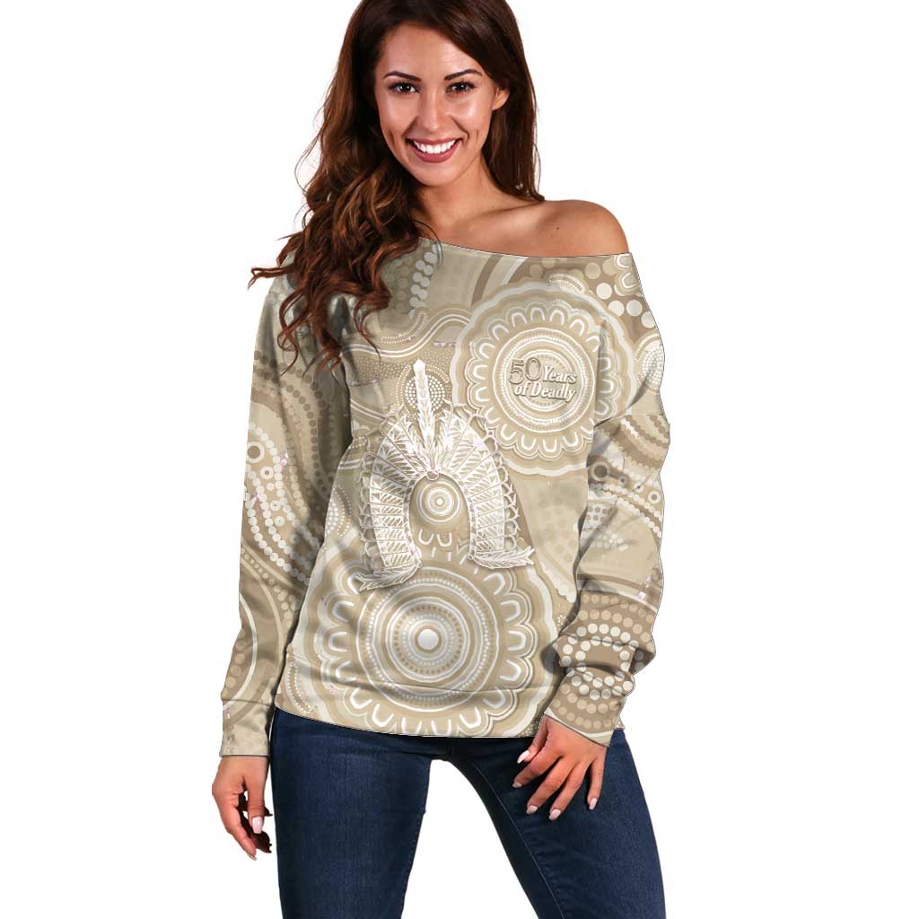 50 Years Deadly NAIDOC Week 2026 Personalised Off Shoulder Sweater Dhari Beige Indigenous Art