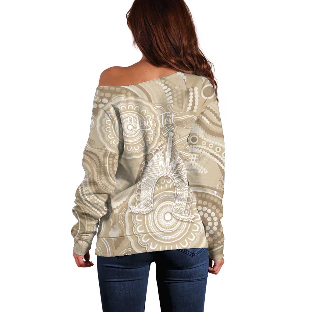 50 Years Deadly NAIDOC Week 2026 Personalised Off Shoulder Sweater Dhari Beige Indigenous Art