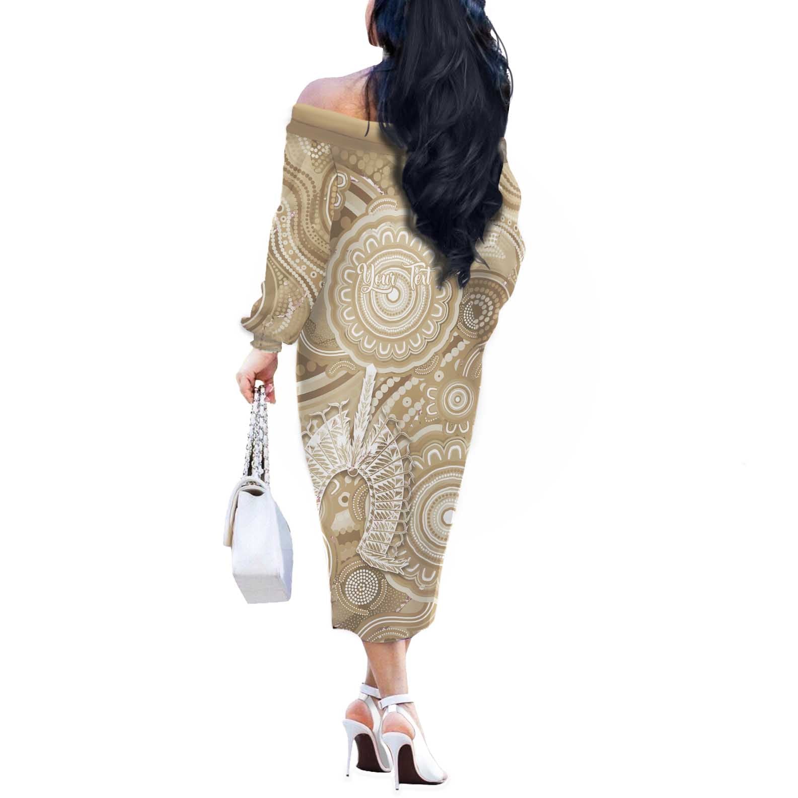 50 Years Deadly NAIDOC Week 2026 Personalised Off The Shoulder Long Sleeve Dress Dhari Beige Indigenous Art