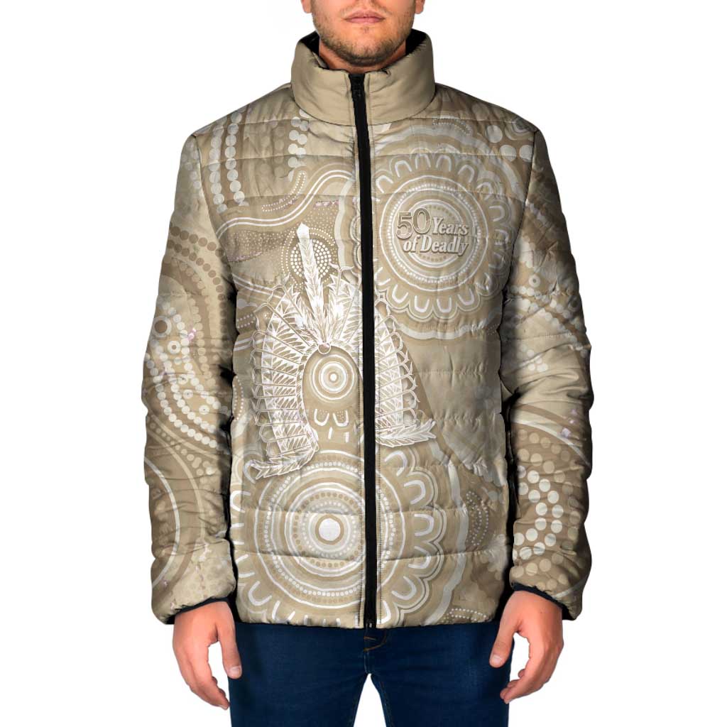 50 Years Deadly NAIDOC Week 2026 Personalised Padded Jacket Dhari Beige Indigenous Art