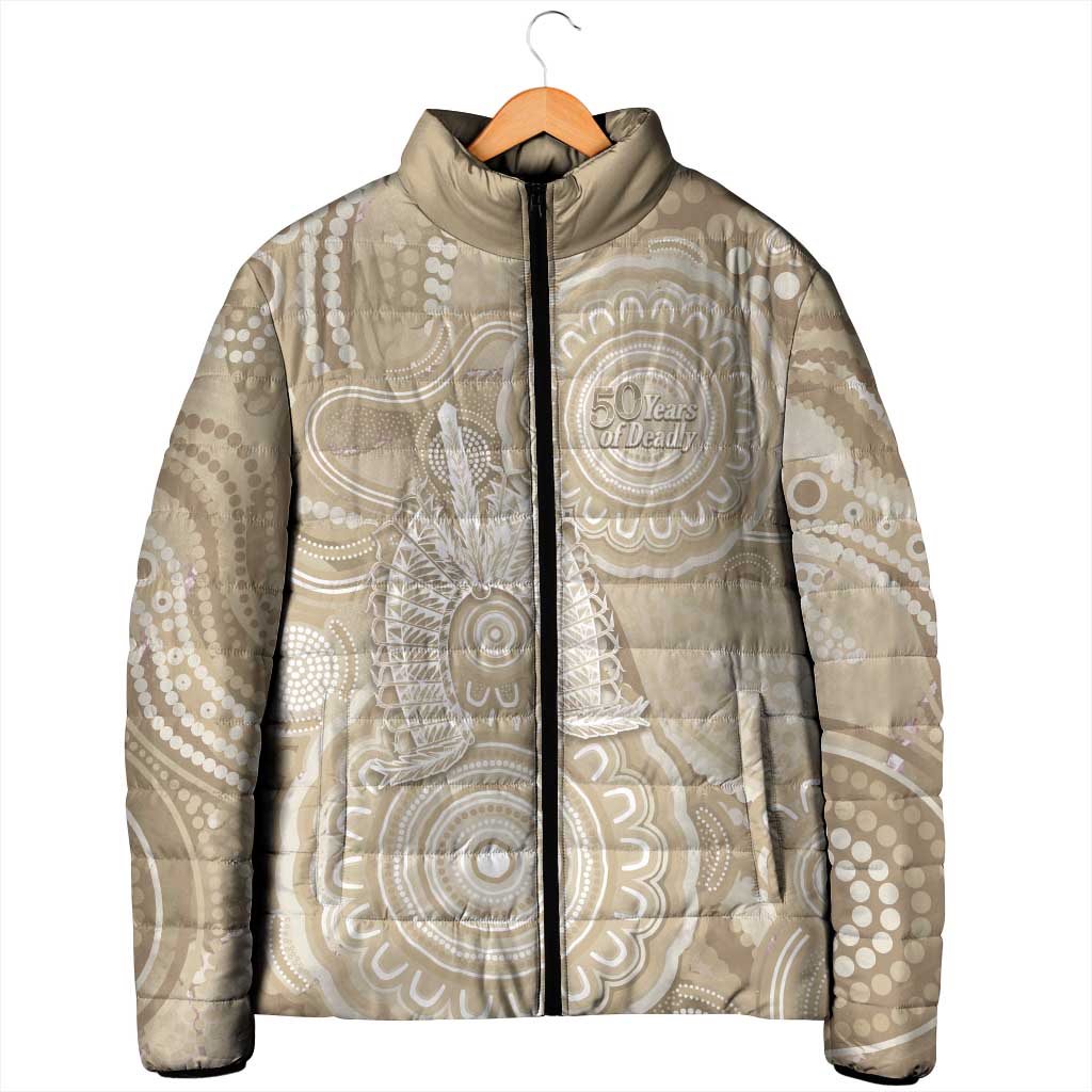 50 Years Deadly NAIDOC Week 2026 Personalised Padded Jacket Dhari Beige Indigenous Art