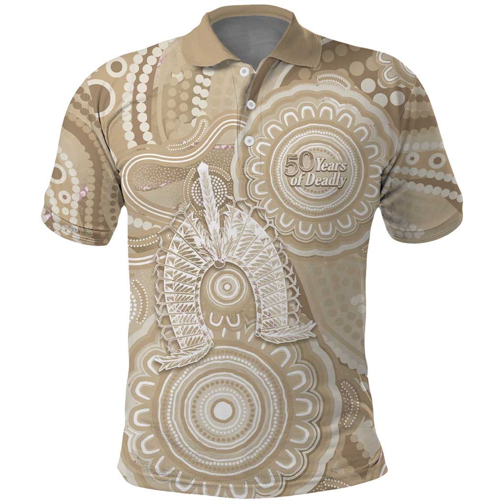 50 Years Deadly NAIDOC Week 2026 Personalised Polo Shirt Dhari Beige Indigenous Art