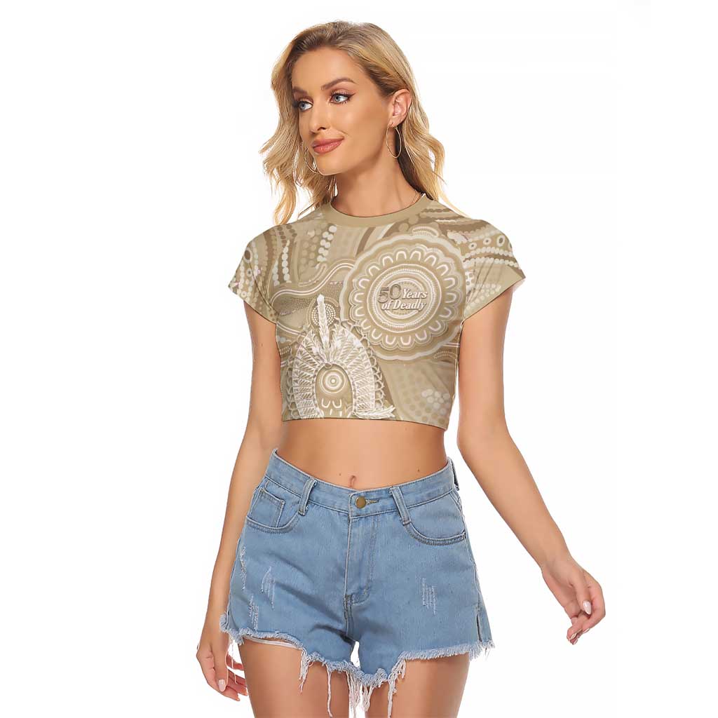 50 Years Deadly NAIDOC Week 2026 Personalised Raglan Cropped T Shirt Dhari Beige Indigenous Art