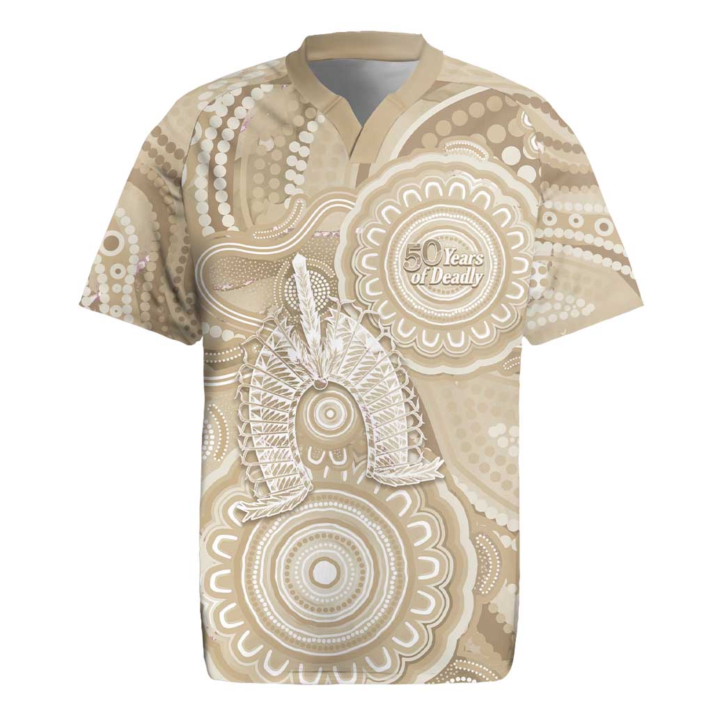 50 Years Deadly NAIDOC Week 2026 Personalised Rugby Jersey Dhari Beige Indigenous Art
