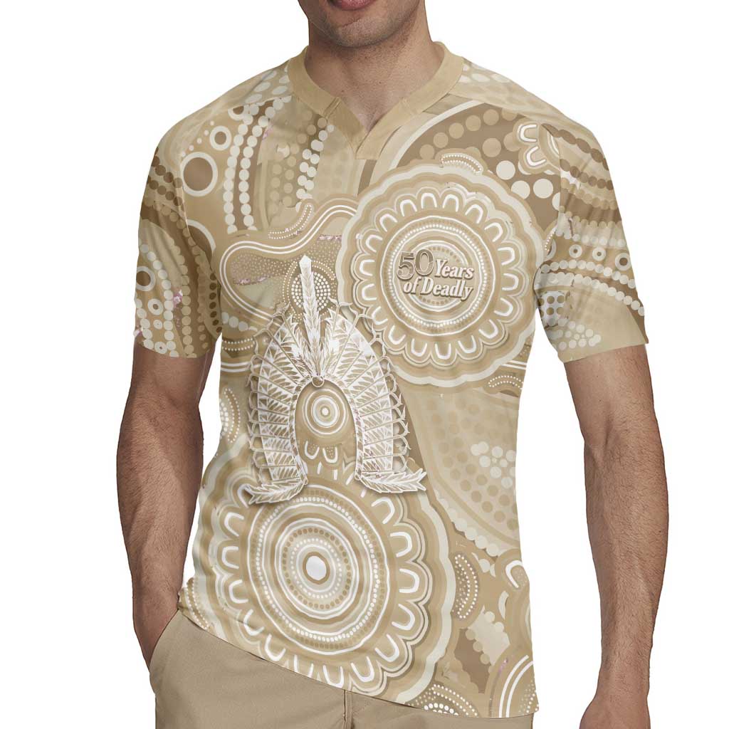 50 Years Deadly NAIDOC Week 2026 Personalised Rugby Jersey Dhari Beige Indigenous Art