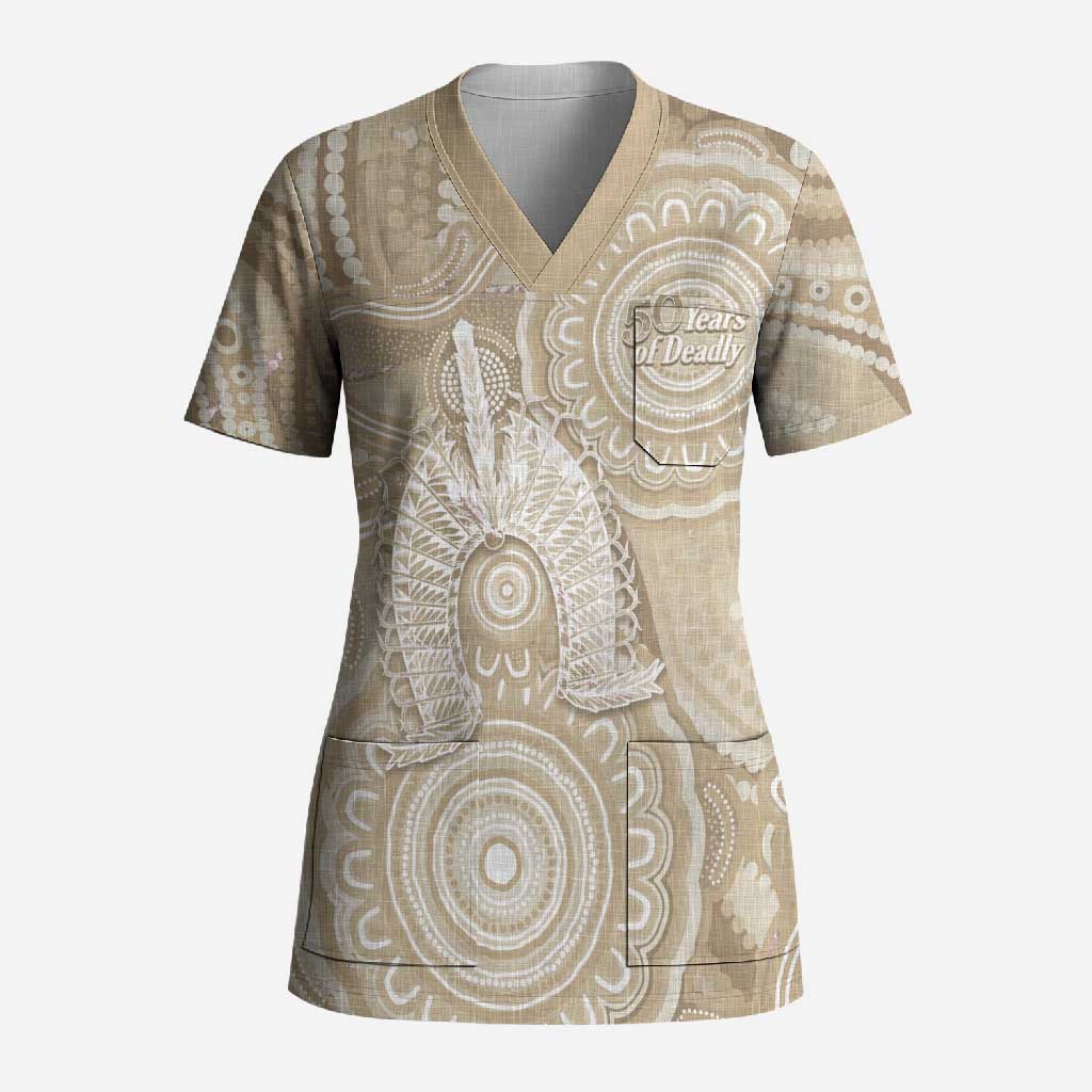 50 Years Deadly NAIDOC Week 2026 Personalised Scrub Top Dhari Beige Indigenous Art