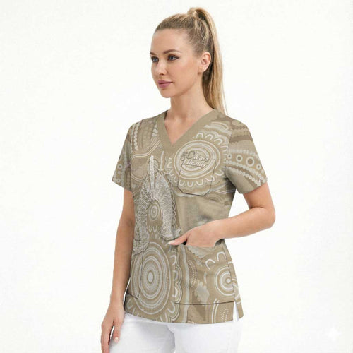 50 Years Deadly NAIDOC Week 2026 Personalised Scrub Top Dhari Beige Indigenous Art