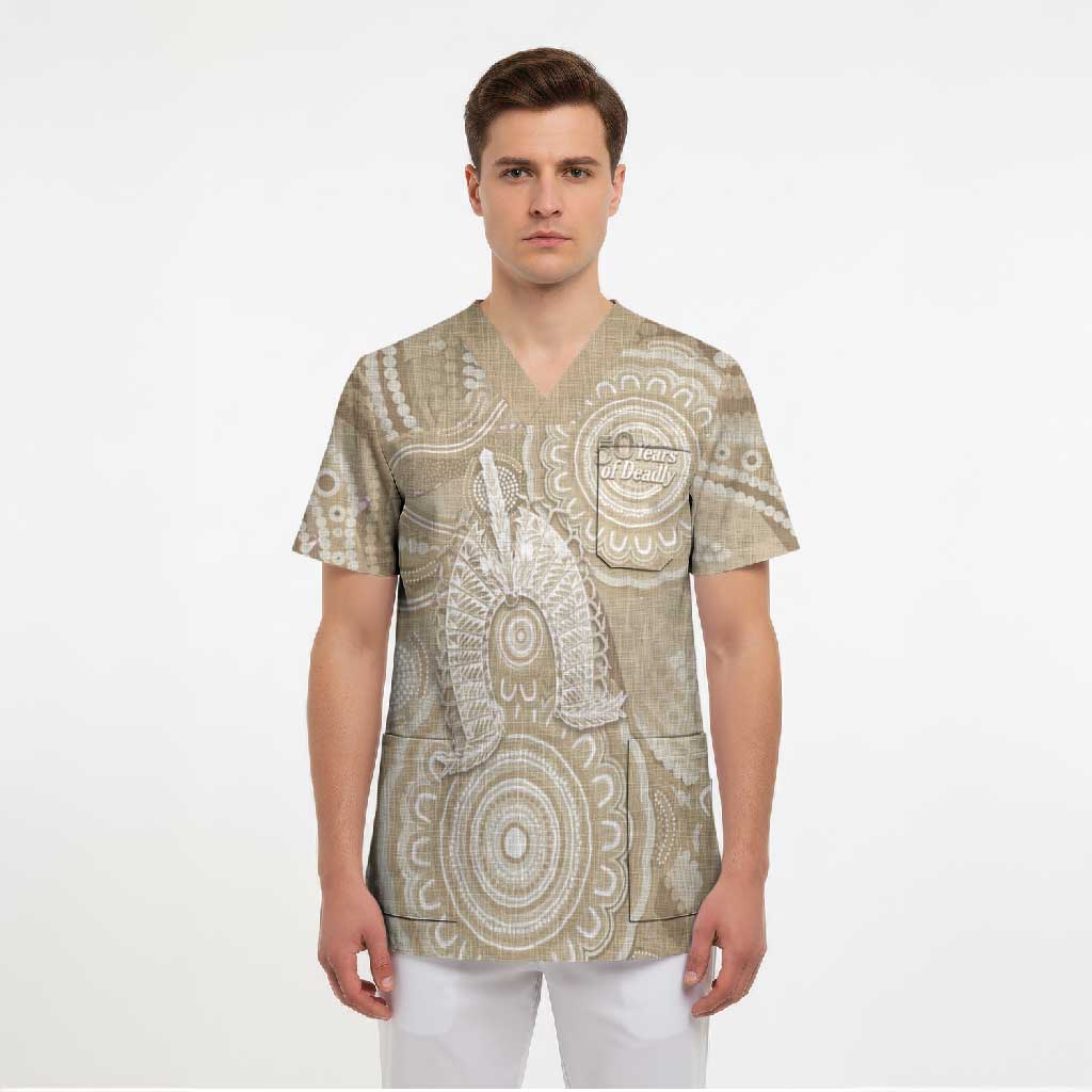50 Years Deadly NAIDOC Week 2026 Personalised Scrub Top Dhari Beige Indigenous Art