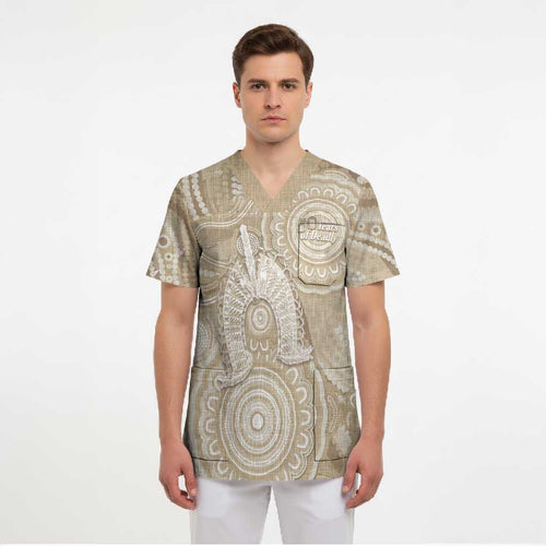 50 Years Deadly NAIDOC Week 2026 Personalised Scrub Top Dhari Beige Indigenous Art