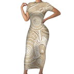 50 Years Deadly NAIDOC Week 2026 Personalised Short Sleeve Bodycon Dress Dhari Beige Indigenous Art
