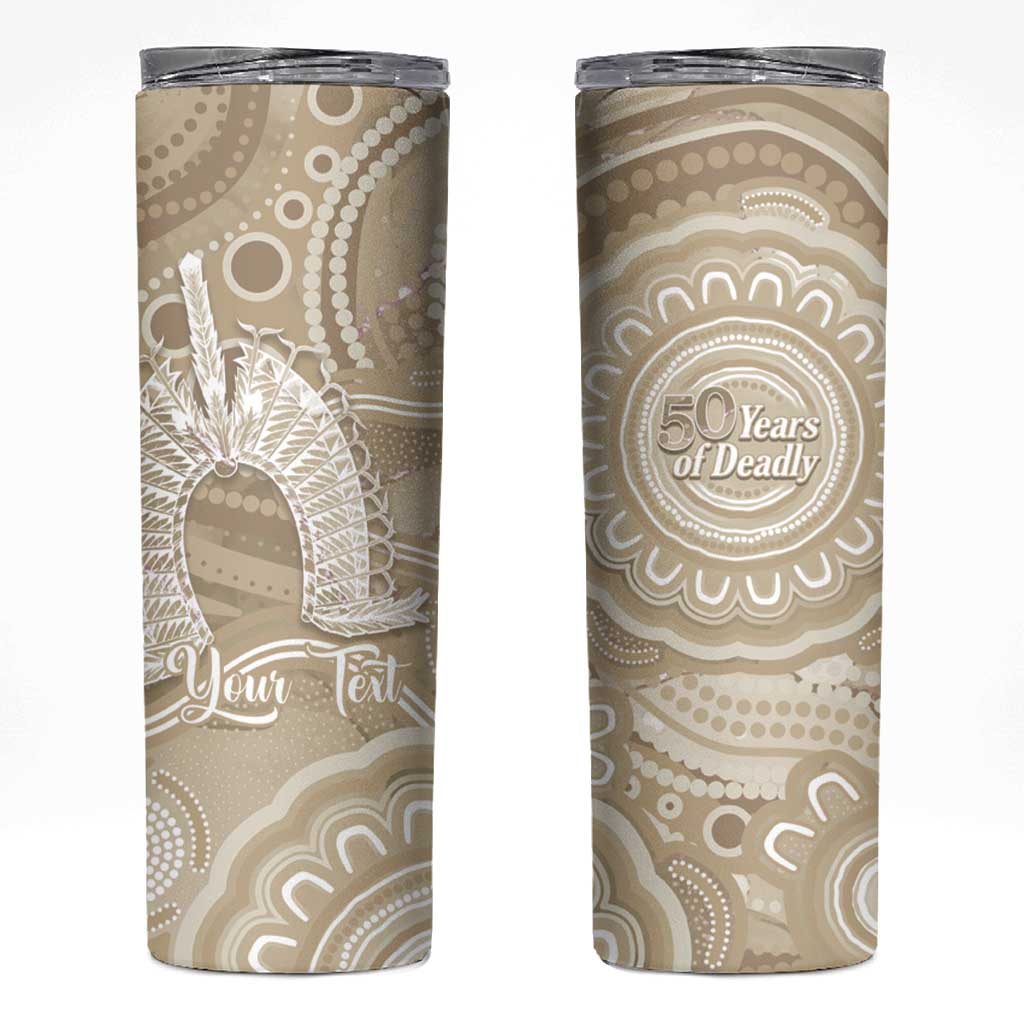 50 Years Deadly NAIDOC Week 2026 Personalised Skinny Tumbler Dhari Beige Indigenous Art