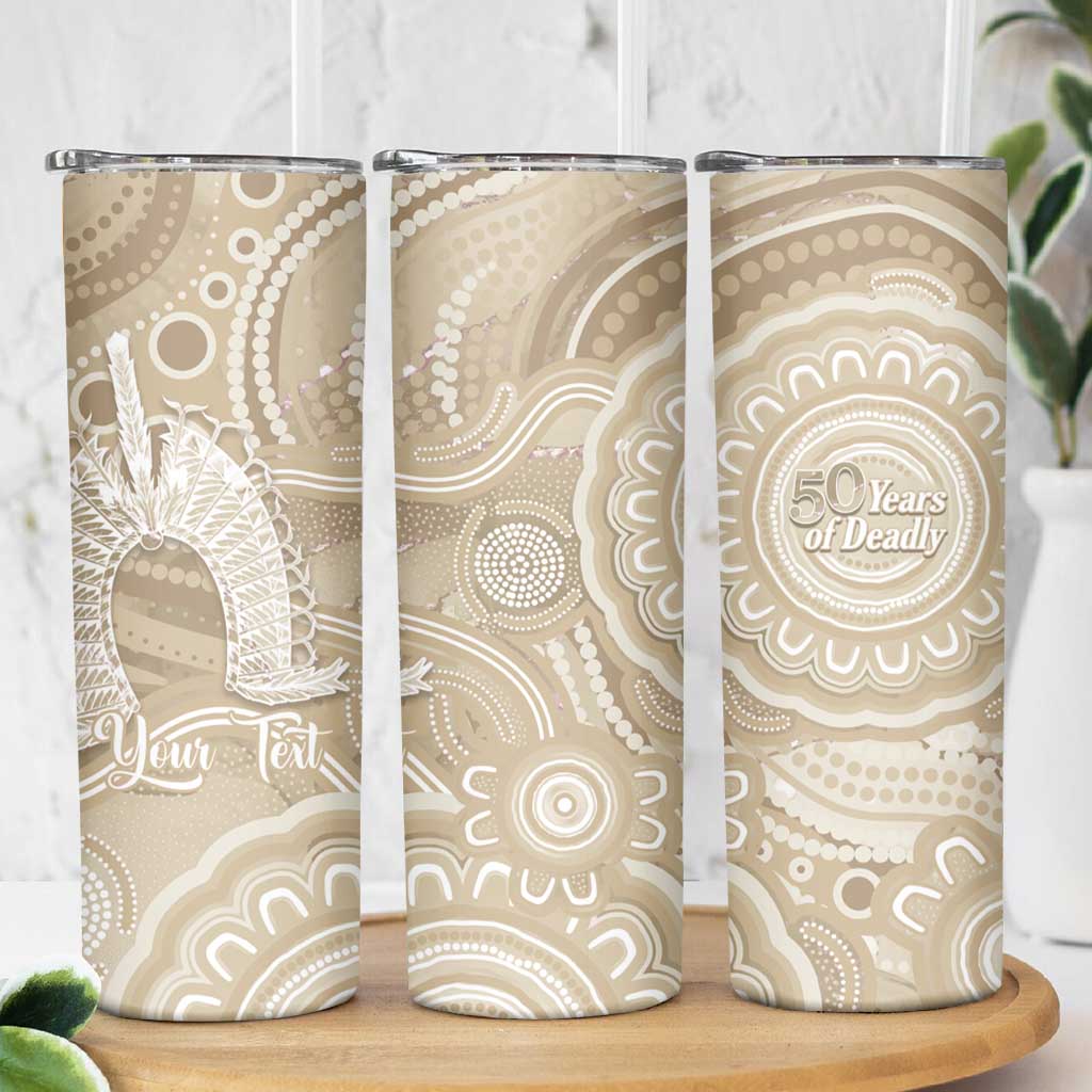 50 Years Deadly NAIDOC Week 2026 Personalised Skinny Tumbler Dhari Beige Indigenous Art