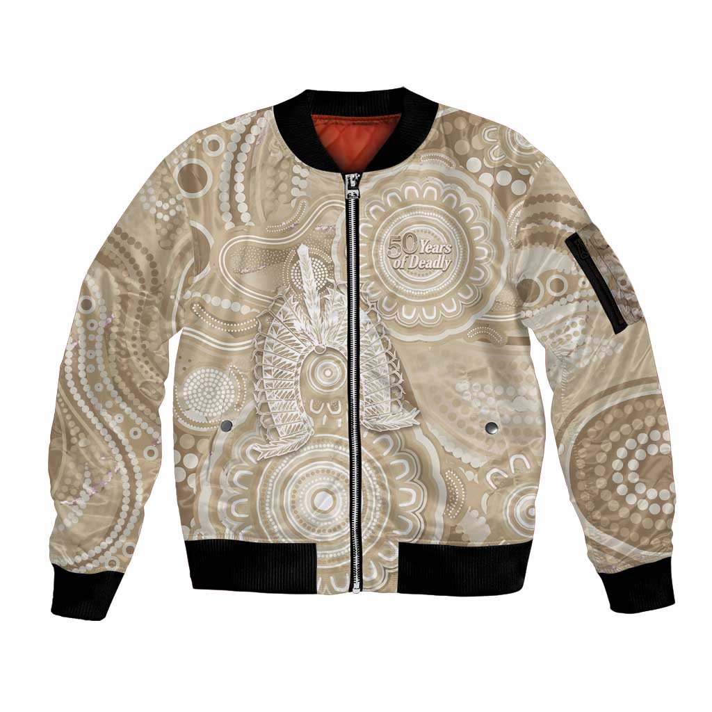 50 Years Deadly NAIDOC Week 2026 Personalised Sleeve Zip Bomber Jacket Dhari Beige Indigenous Art
