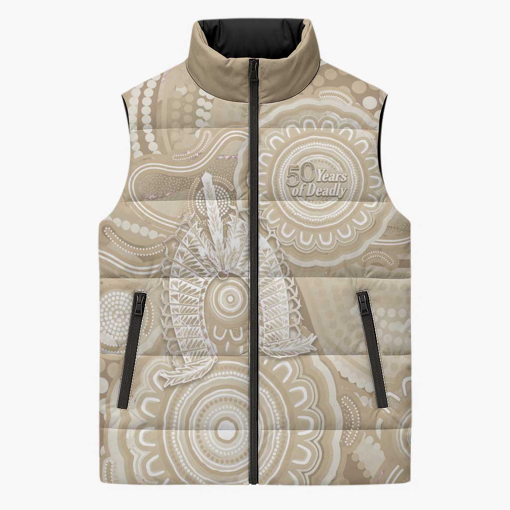 50 Years Deadly NAIDOC Week 2026 Personalised Sleeveless Puffer Jacket Dhari Beige Indigenous Art