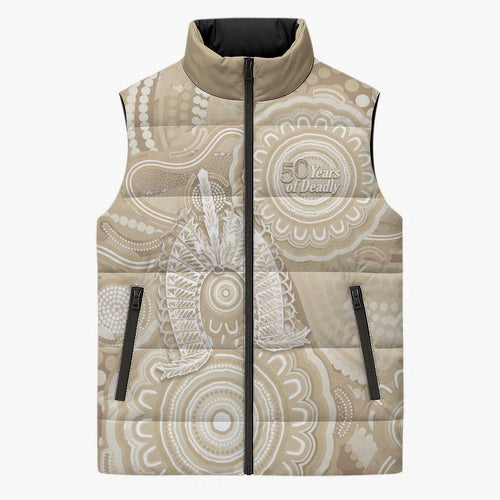 50 Years Deadly NAIDOC Week 2026 Personalised Sleeveless Puffer Jacket Dhari Beige Indigenous Art