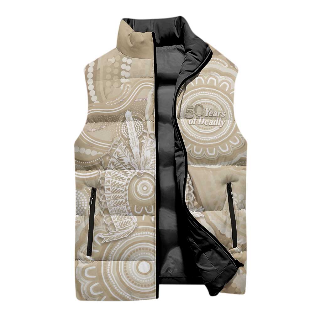 50 Years Deadly NAIDOC Week 2026 Personalised Sleeveless Puffer Jacket Dhari Beige Indigenous Art