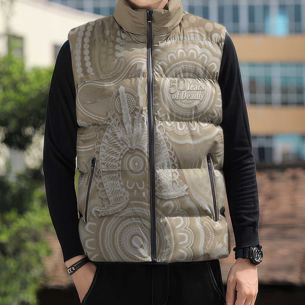 50 Years Deadly NAIDOC Week 2026 Personalised Sleeveless Puffer Jacket Dhari Beige Indigenous Art