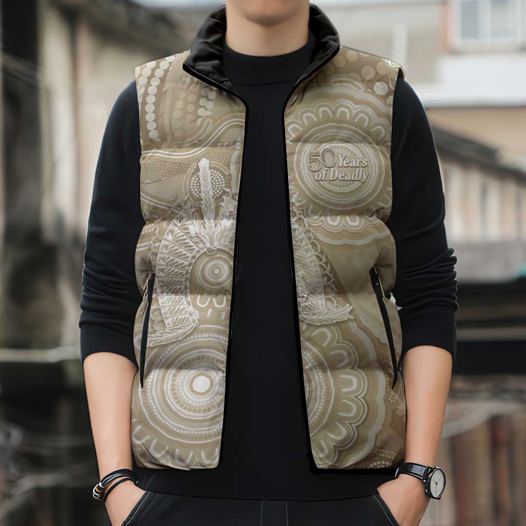 50 Years Deadly NAIDOC Week 2026 Personalised Sleeveless Puffer Jacket Dhari Beige Indigenous Art