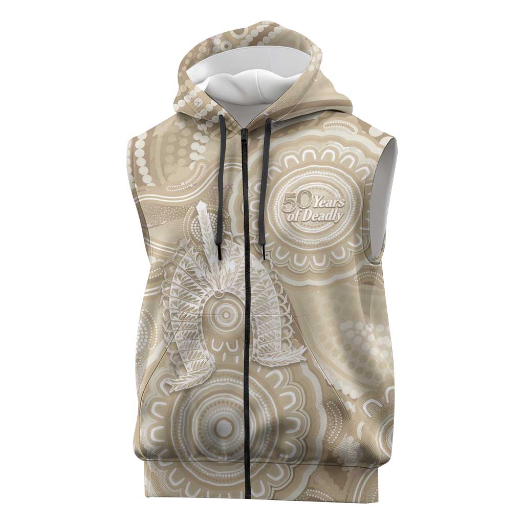 50 Years Deadly NAIDOC Week 2026 Personalised Sleeveless Zip Hoodie Dhari Beige Indigenous Art