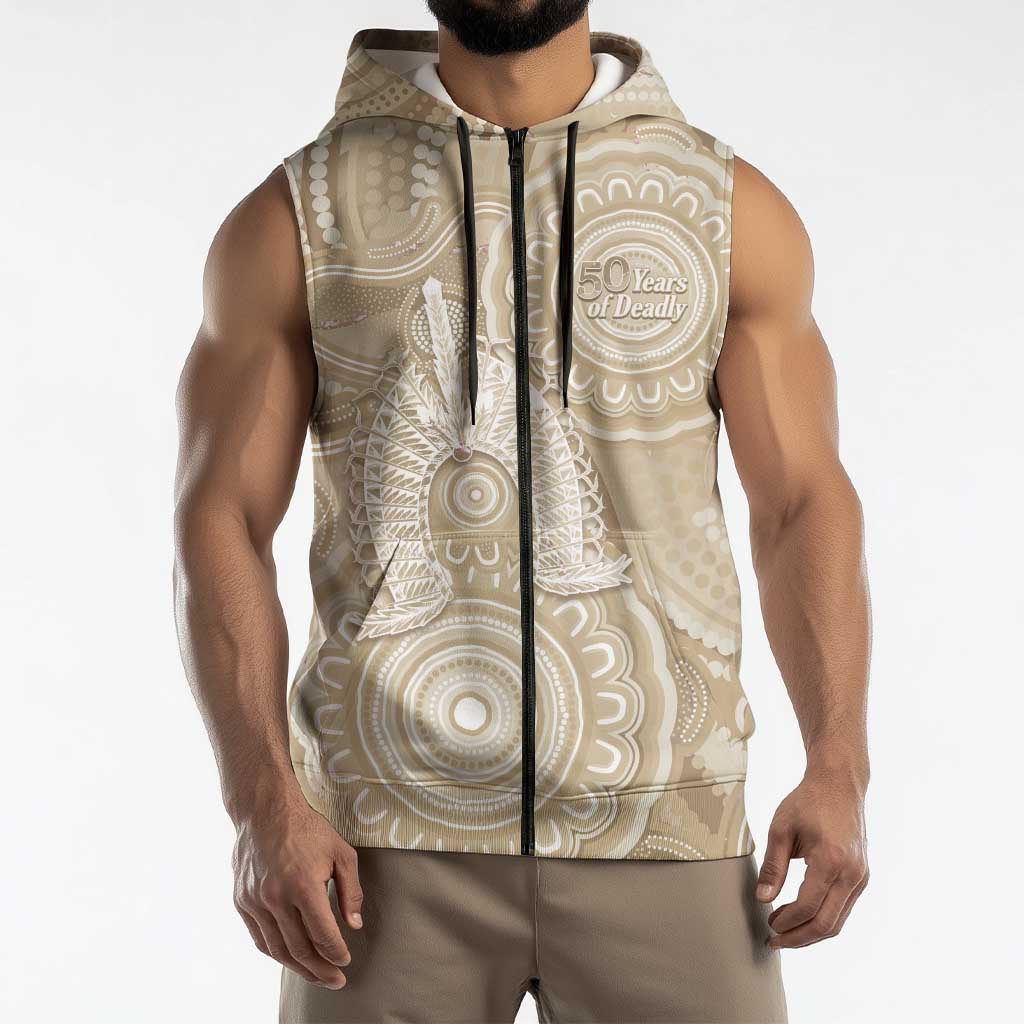 50 Years Deadly NAIDOC Week 2026 Personalised Sleeveless Zip Hoodie Dhari Beige Indigenous Art